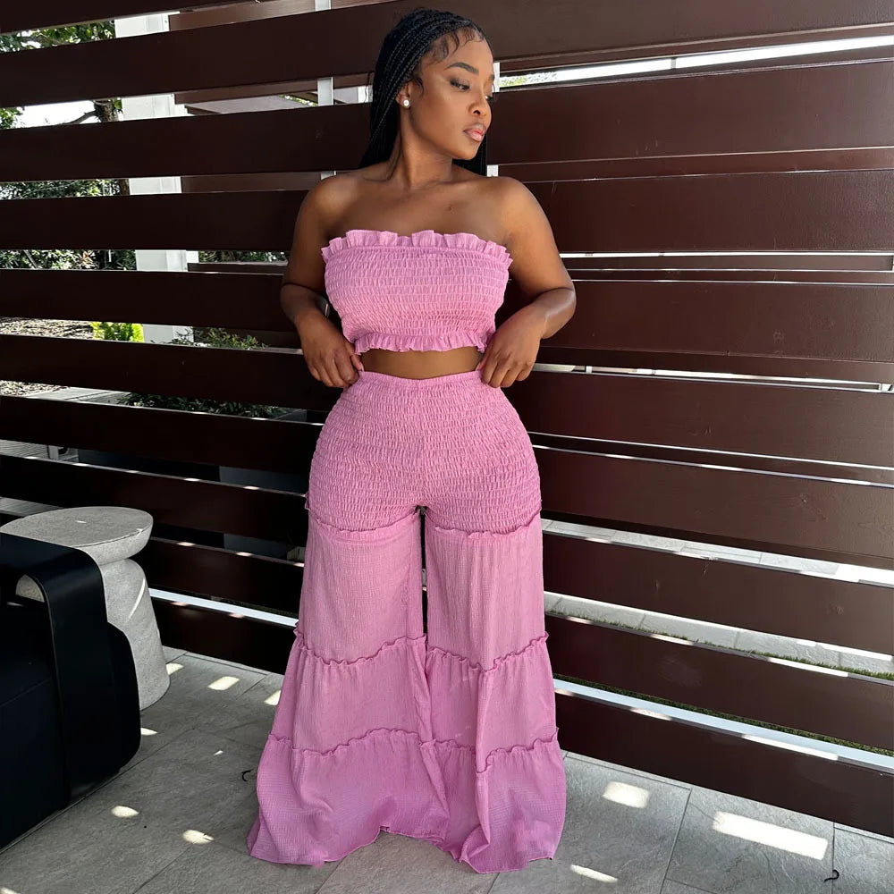 New Arrival Women Set Sexy Bubble Crepe Fabric With Wooden Ear Edge Patchwork Strapless Pants Two-piece Set Good Vibrations
