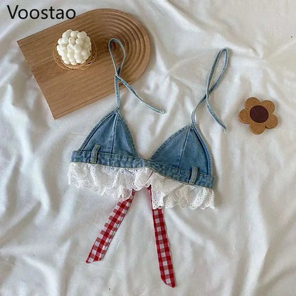 Sweet Lolita style denim camisole with lace and ruffles on a neutral background.
