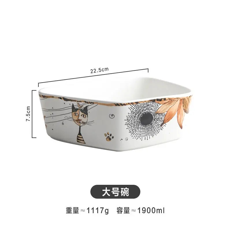 Cute Cartoon Cat Ceramic Tableware Household Soup Noodle Bowls Fruit Steak Food Plate Dishes Creative Porcelain Dinnerware Good Vibrations