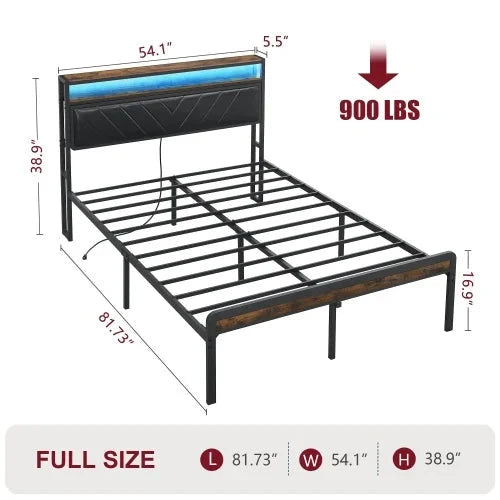 Full Size Metal Platform Bed Frame with Adjustable Upholstered Headboard, Charging Station, LED Lights, Noiseless Good Vibrations