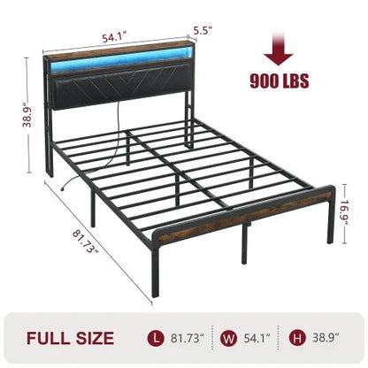 Full Size Metal Platform Bed Frame with Adjustable Upholstered Headboard, Charging Station, LED Lights, Noiseless Good Vibrations