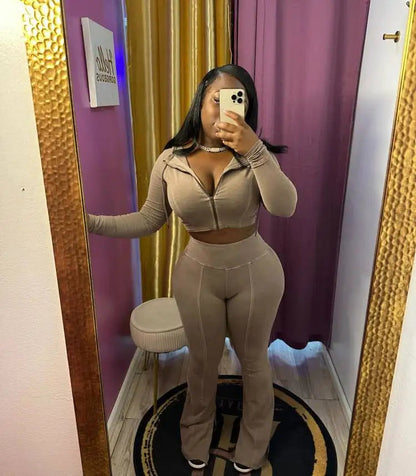 Women's Cotton Acid Wash 2 Piece Sets Hooded Crop Jacket Flare Pants Casual Two Piece Jogger Sweatsuits Sets Women Outfits 2025 Good Vibrations