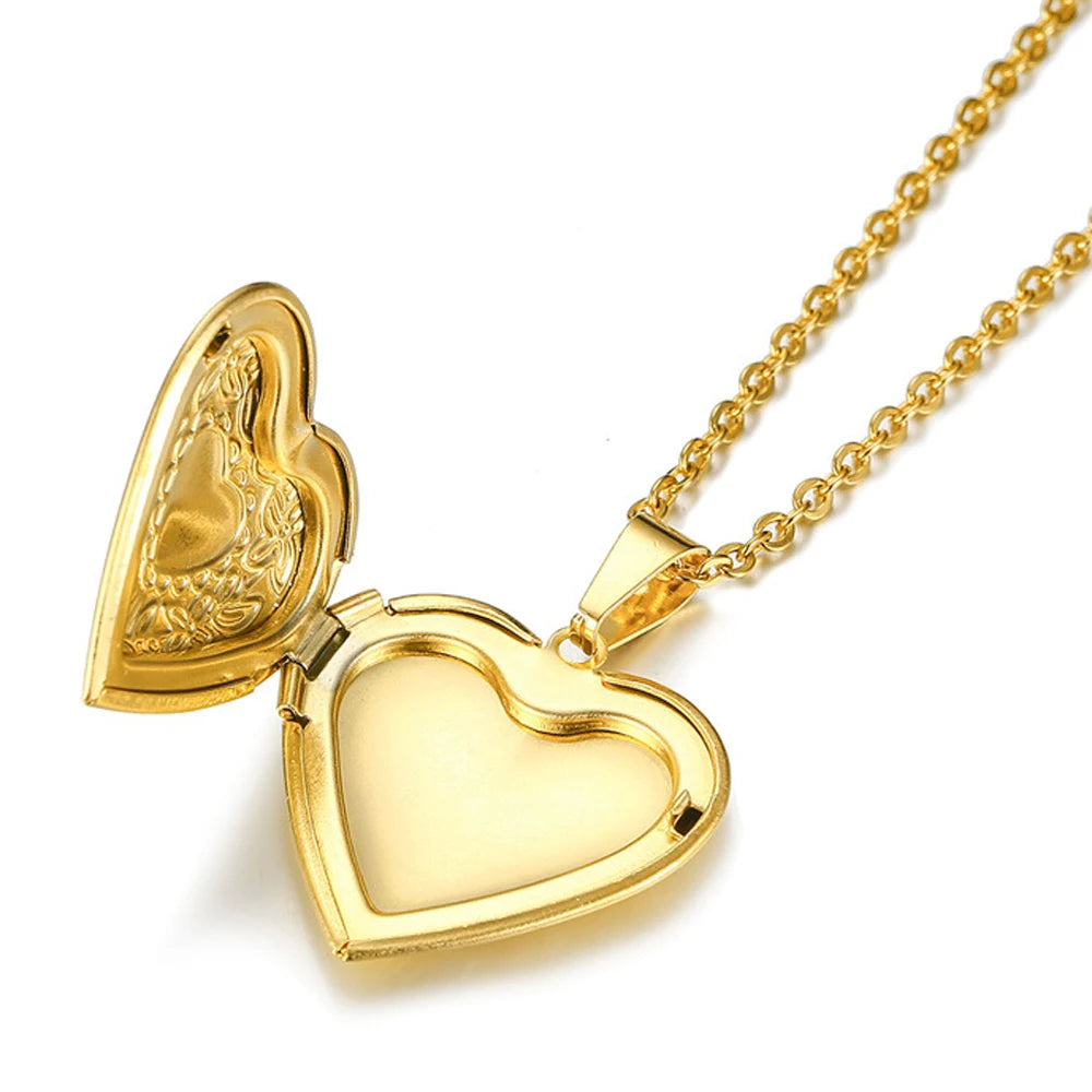 Fashion Heart Locket Pendant Necklaces for Women Openable Photo Frame Floral Stainless Steel Necklaces Family Love Collar Good Vibrations
