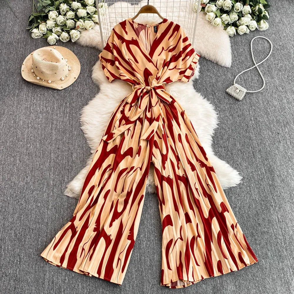 Elegant V-Neck Tunic Slim Jumpsuit For Women High Waist Printed Lace Long Jumpsuit Wholesale Good Vibrations