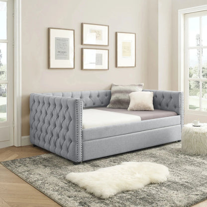 Daybed with Trundle Upholstered Tufted Sofa Bed With Button and Copper Nail on Square Arms Full Daybed and Twin Trundle Good Vibrations