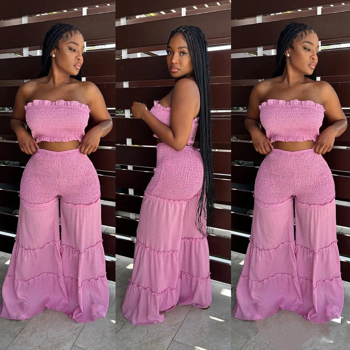 New Arrival Women Set Sexy Bubble Crepe Fabric With Wooden Ear Edge Patchwork Strapless Pants Two-piece Set Good Vibrations