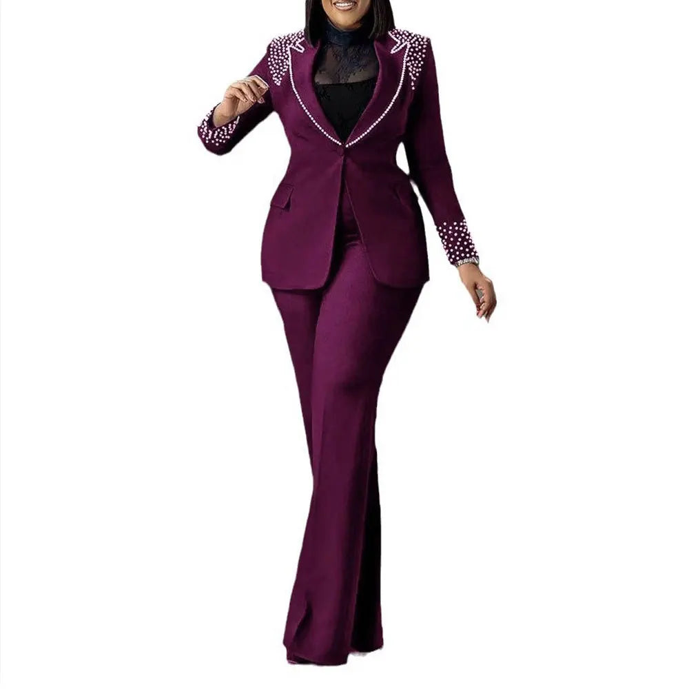K3332 High Quality Ladies Suits Office Wear Beaded Long Sleeve Slim Elastic Suit and Pants Two Piece Blazer Set Business Suits Good Vibrations