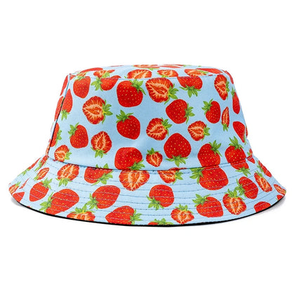 Hot Sale Unisex Bucket Hats Summer Double-sided Wear Fruit Printing Women Cap Outdoor Sun Hat Men Classic Panama Bucket Hat Good Vibrations