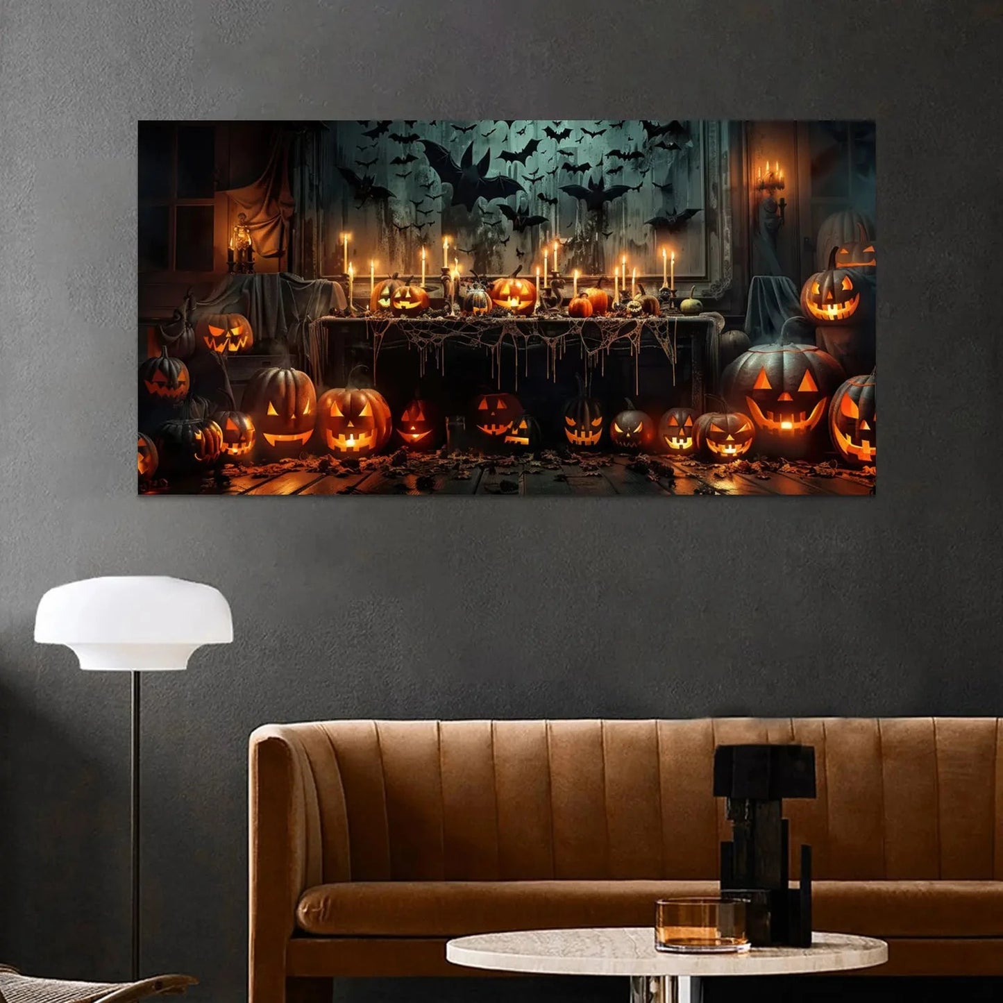 Spooky Halloween Scene Canvas Wall Art: Pumpkins, Bats & Candles Ideal Seasonal Spooky Decor Perfect for Halloween Home Decor Good Vibrations