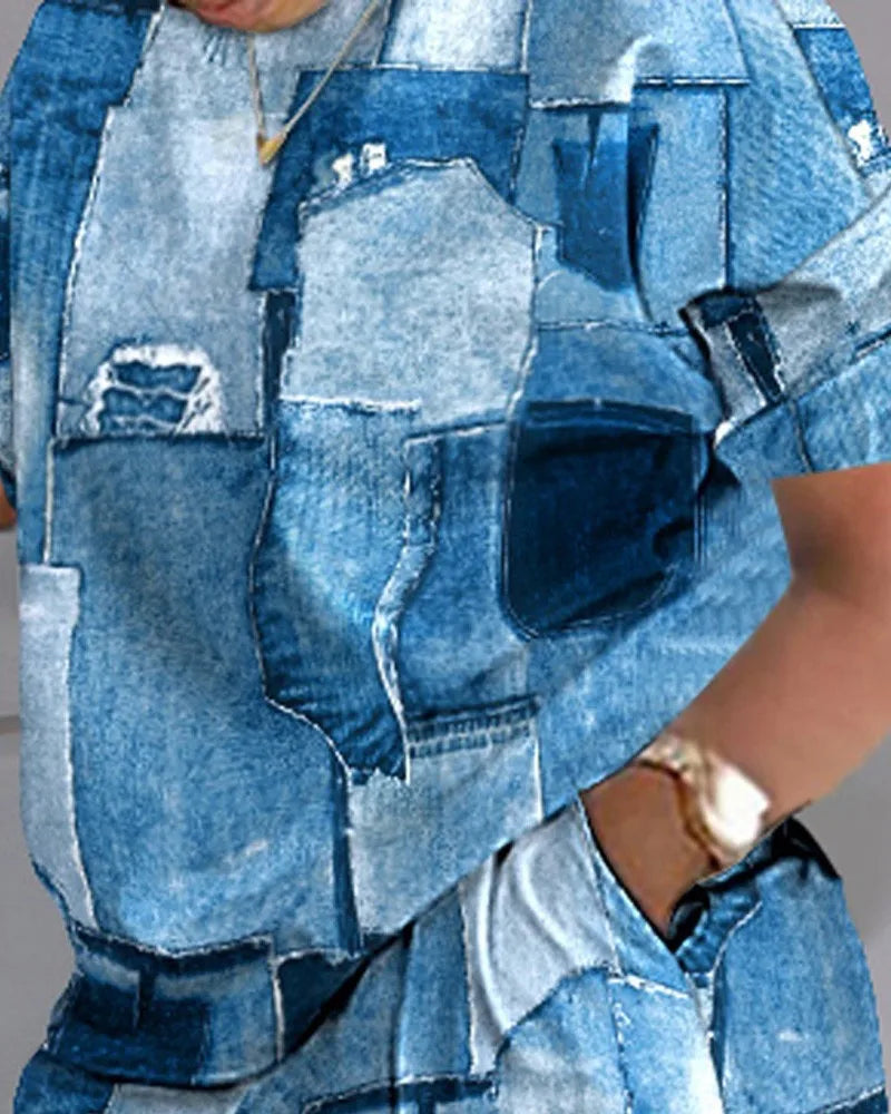 Summer Fashion Casual Printed Short Sleeve Shirt High Waist Shorts 2 Piece Women Outfits Set Suits Good Vibrations