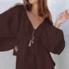Enyami Linen Rayon Vintage Casual Tie Front Peplum Tops Long Lantern Sleeve Ruffle Trim Loose Shirt Blouse Shorts Women Set Good Vibrations