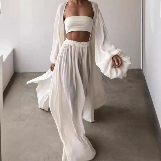 Lazy Style Women Set Solid Shirt Wipe Chest Wide Leg Pants Elegant Women Pants Set Woman Clothes Outfits Good Vibrations