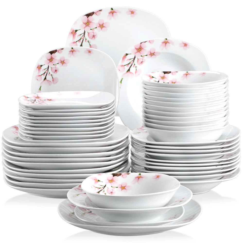 VEWEET ANNIE 48-Piece Porcelain Ceramic Tableware Dinner Plate Set with Bowl,Dessert Plate,Soup Plate,Dinner Plate for 12 Person Good Vibrations