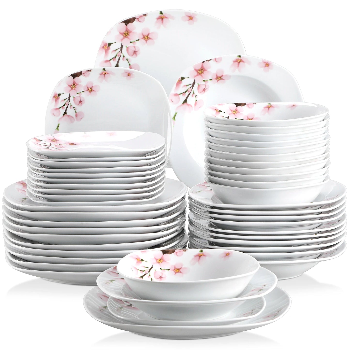 VEWEET ANNIE 48-Piece Porcelain Ceramic Tableware Dinner Plate Set with Bowl,Dessert Plate,Soup Plate,Dinner Plate for 12 Person Good Vibrations