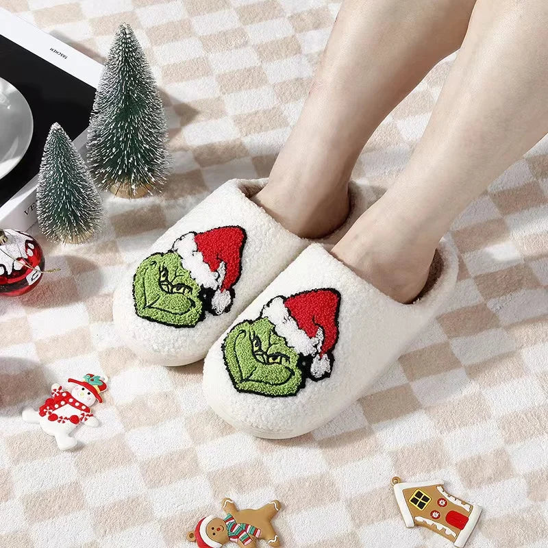 New Home Christmas Grinch Warm Winter Cotton Slippers Couples Men and Women Thick-soled Soft-soled Shoes Thick Non-slip Good Vibrations