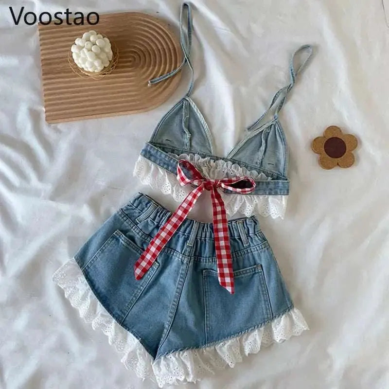 Summer Sweet Lolita style denim shorts set with lace bandage camisole crop top and ruffled jean shorts on display.
