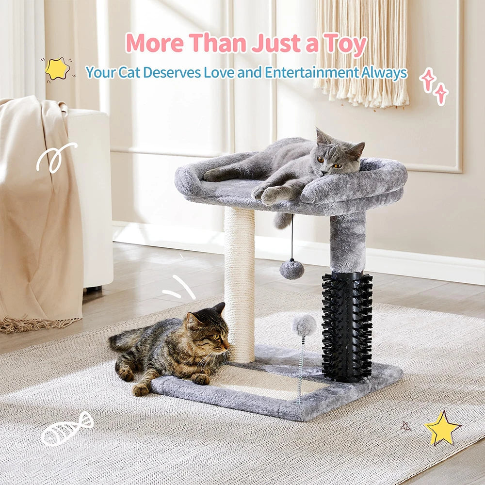 20" Tall Grey Cat Tower 4-in-1 Self Groomer Natural Sisal Plush Perch Bed Indoor Kittens Scratching Post Wood for Small Cats Good Vibrations