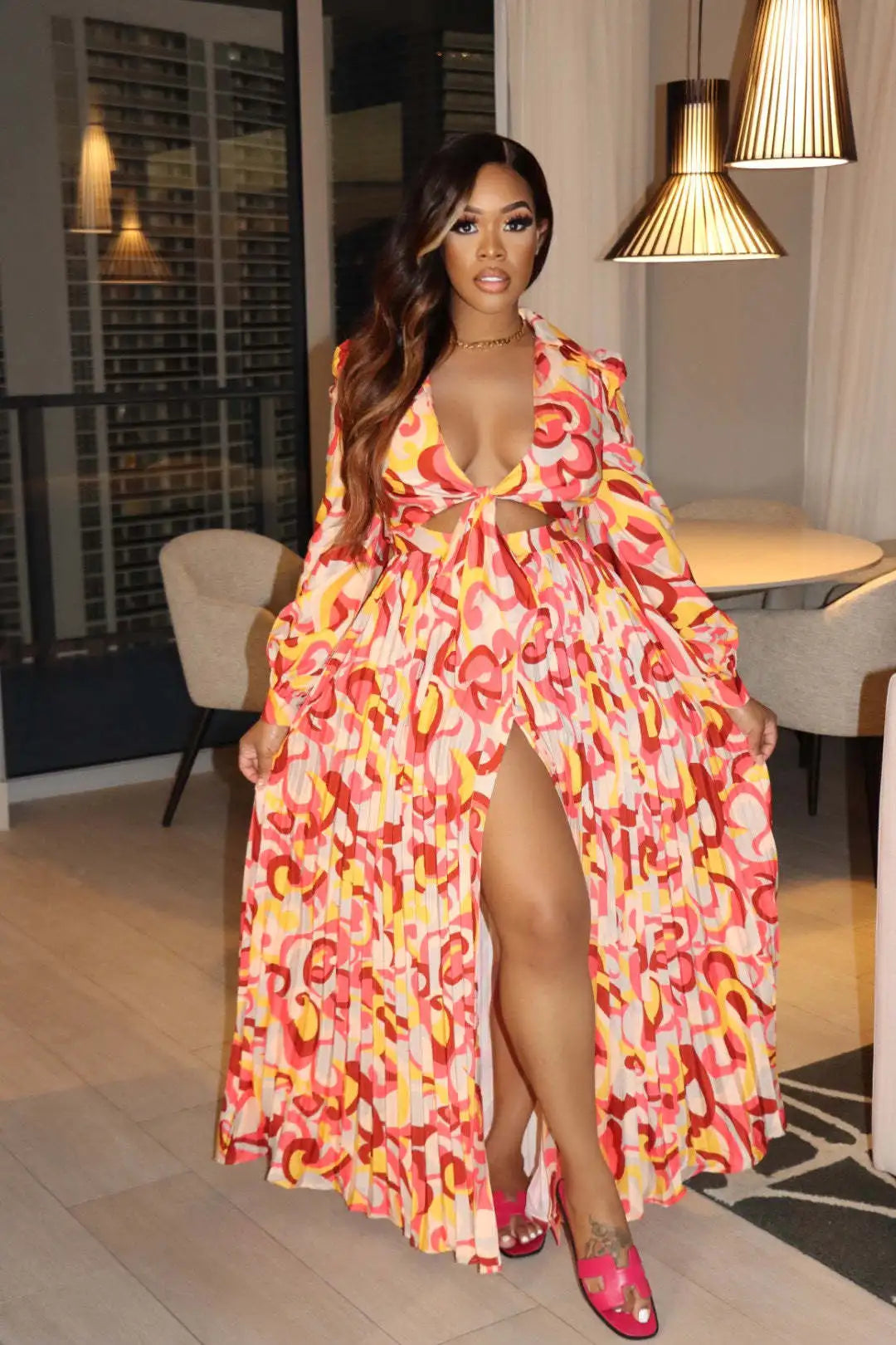 Liu Ming Elegant 2024 Summer Women Outfits Sexy V Neck Printed Long Sleeves Top Vacation Slit Skirt Suit Good Vibrations