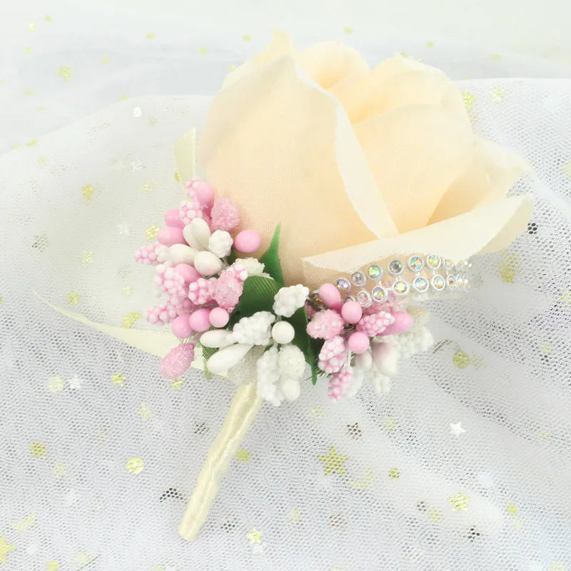 YO CHO Wedding Bouquet Artificial Rose Flowers Blue Brooch Corsages Glitter Rhinestone Ribbon Lace Classic Prom Boutonniere Pins Good Vibrations