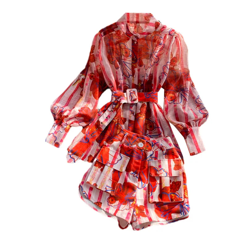 Women Set Lantern Sleeve Stand-Up Collar Shirt Female High-Waisted Wide Leg Shorts Two Piece Set Good Vibrations