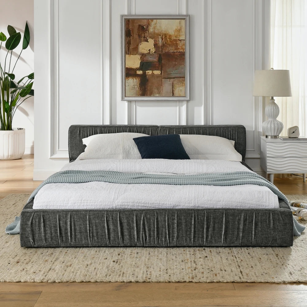 Modern Style Queen-Size Bedroom Furniture Bed Frame with Chenillefabric with Pleated Design Good Vibrations