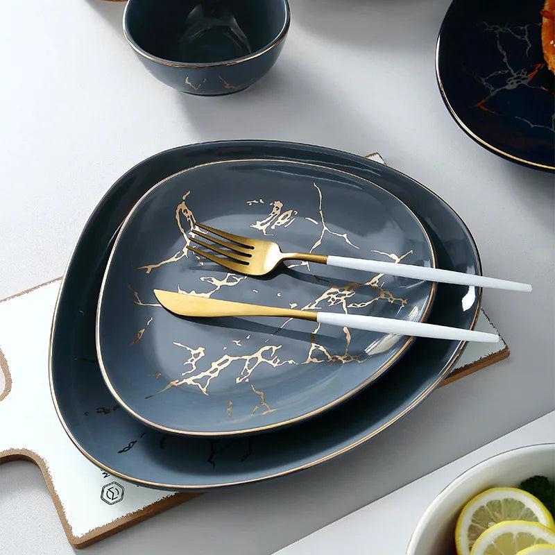 Nordic Dinner Irregular Plates Ins Gold Inlay Dinner Dish Marble Steak Plates Ceramic Dishes Tray Dinnerware Sets Drop Shipping Good Vibrations