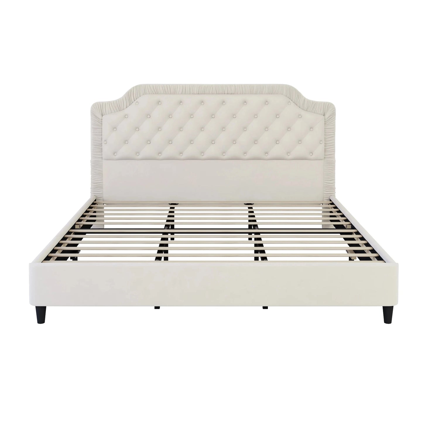 King Size Upholstered Bed With Ruched and Button Tufted Headboard No Box Spring Needed in White Color Good Vibrations