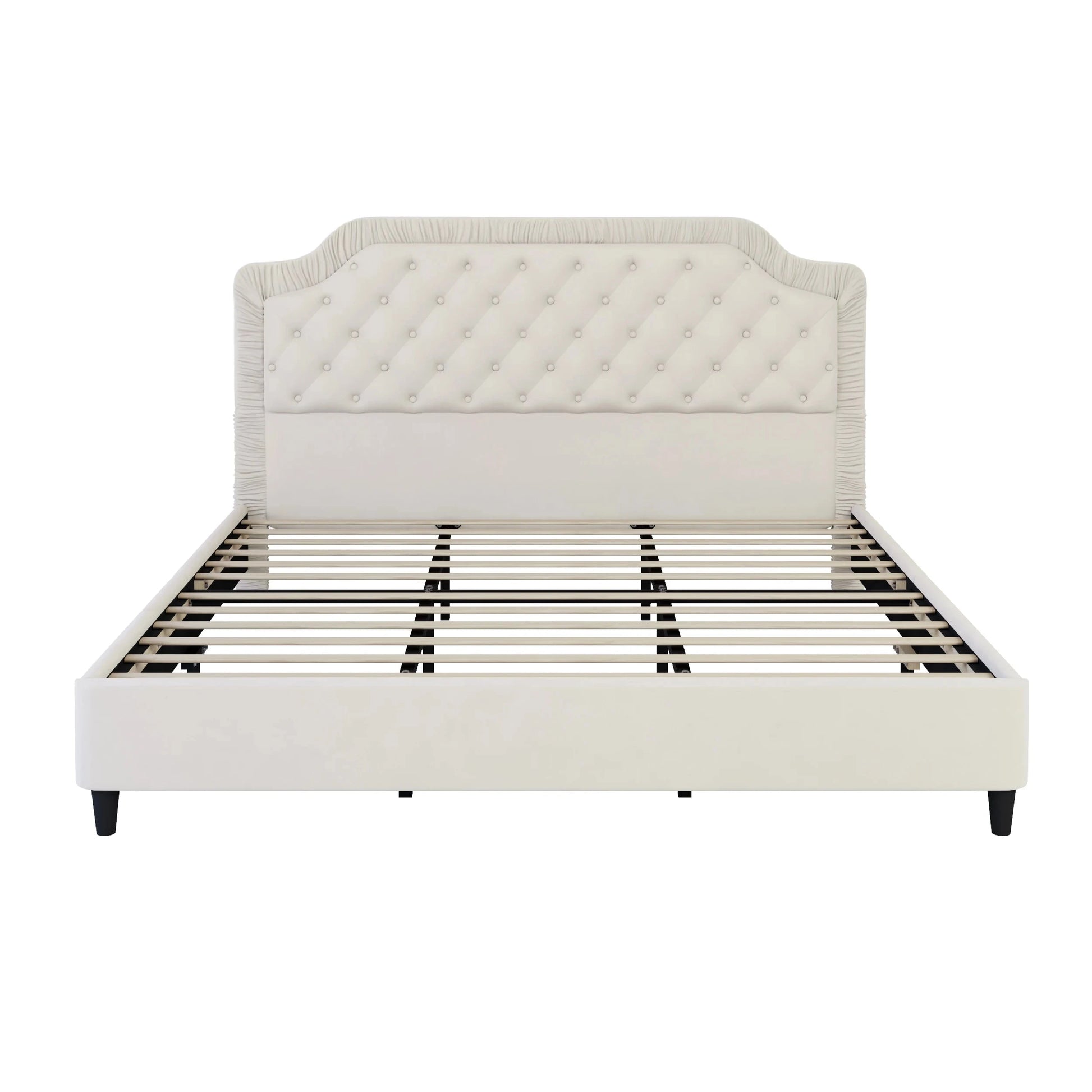 King Size Upholstered Bed With Ruched and Button Tufted Headboard No Box Spring Needed in White Color Good Vibrations