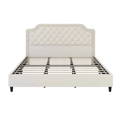 King Size Upholstered Bed With Ruched and Button Tufted Headboard No Box Spring Needed in White Color Good Vibrations