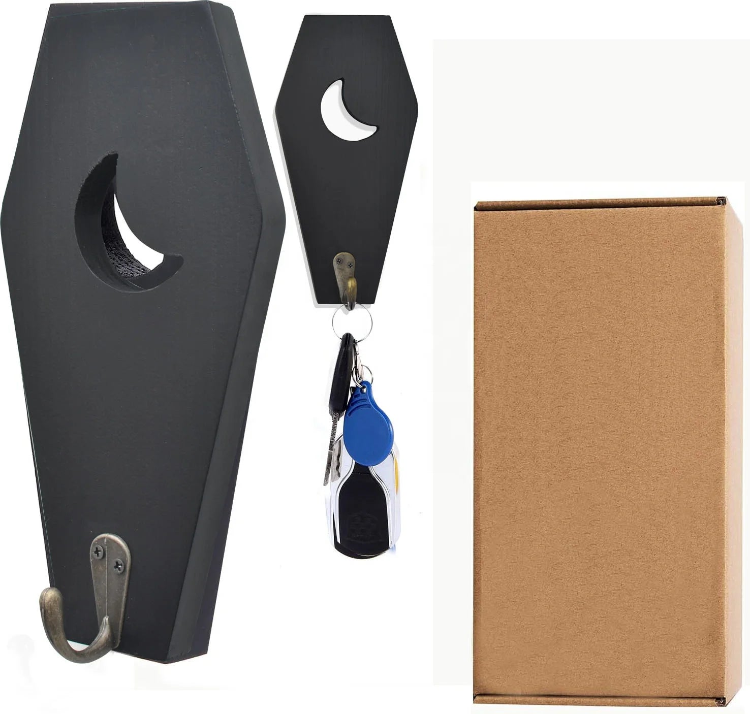 2 PCS Rustic Wall Mounted Coffin Key Holder Spooky Gothic Home Decor Halloween Decor Black Wooden Hanger Hooks for Keys Mugs Good Vibrations