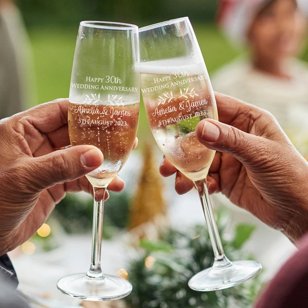 Personalized Champagne Flute Wedding Party Mr and Mrs Champagne Glasses Anniversary Gift for Couple New Years Celebration Good Vibrations