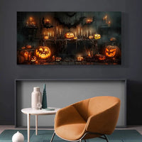 Spooky Halloween Scene Canvas Wall Art: Pumpkins, Bats & Candles Ideal Seasonal Spooky Decor Perfect for Halloween Home Decor Good Vibrations