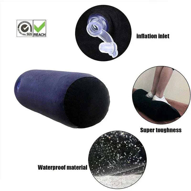 Inflatable adult wedge cushion with durable PVC material for erotic support and couples' games.