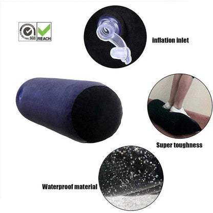 Inflatable adult wedge cushion with durable PVC material for erotic support and couples' games.