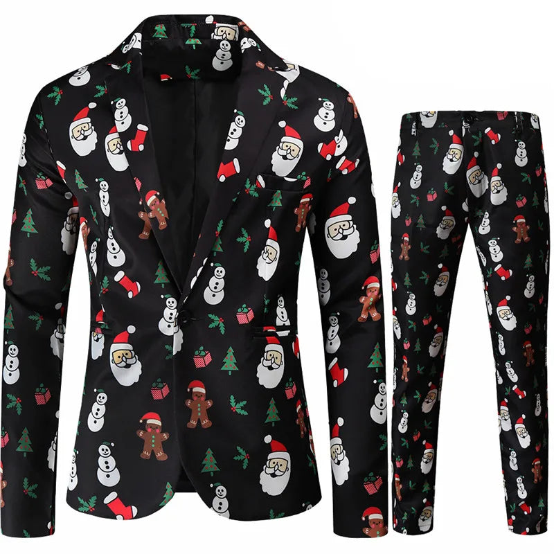 Red Printed Two-piece Men's Christmas Suit (Jacket + Pants) Stylish Male Blazer Coat with Trousers Black Green Blue S-4XL - Good Vibrations
