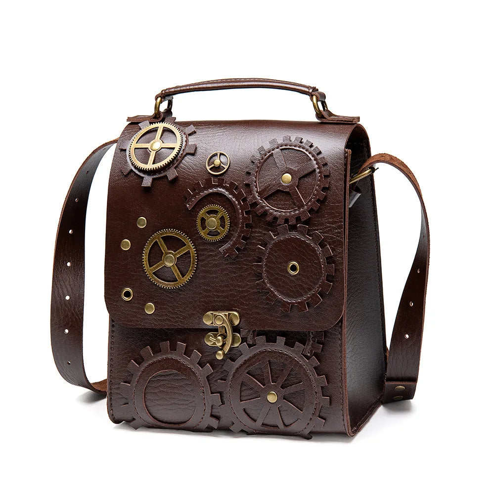 Vintage Single Shoulder Hip Hop Rock Shoulder Bag Luxury Design Brown PU Leather Men Women Steampunk Gothic Square Handbag Good Vibrations