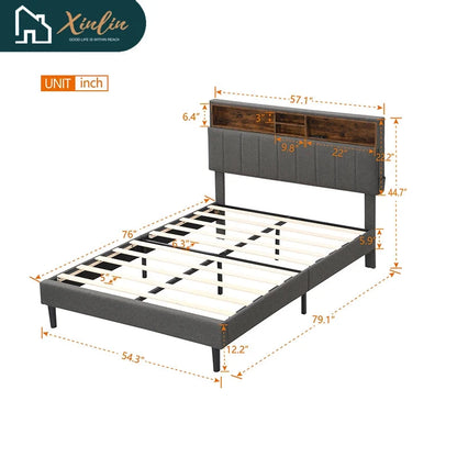 Free Shipping US Warehouse Linen Fabric Full-Size Murphy Bed with Storage Headboard Upholstered Platform Bed & USB Port Good Vibrations