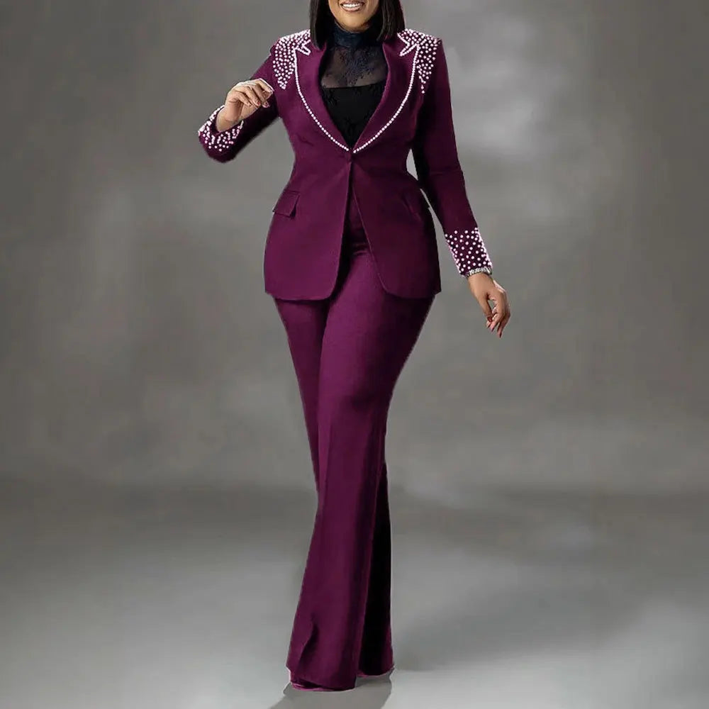 Ohsisa Women Set   Pearl Long-Sleeved Slim Stretch Suit Two-Piece Set Crocheted Top Bow Collar Knee Length  Suit Good Vibrations