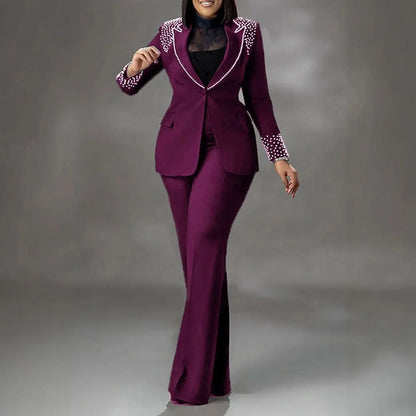 Ohsisa Women Set   Pearl Long-Sleeved Slim Stretch Suit Two-Piece Set Crocheted Top Bow Collar Knee Length  Suit Good Vibrations
