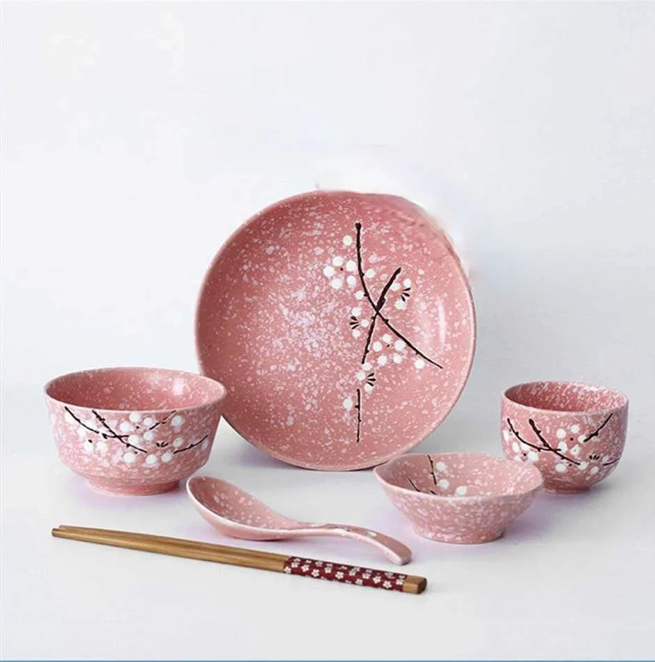 6-Piece Set Japanese Rice Bowl Dishes, Chopsticks, Spoon Ceramic Tableware Household Single Food Good Vibrations