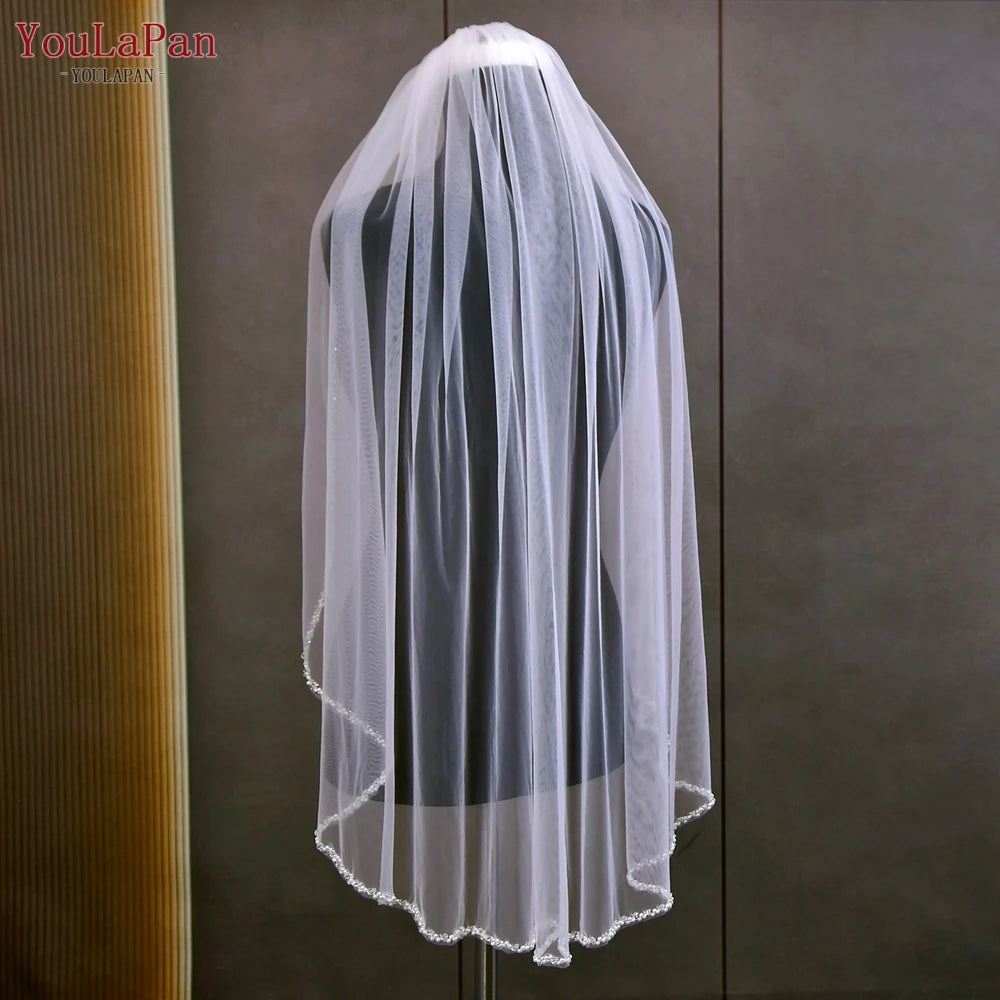 YouLaPan V175 R Fashion Bridal Beaded Veil Fingertips Long Crystal Pearl Trim Short Single Layer Veil Ivory Church Wedding Veil Good Vibrations