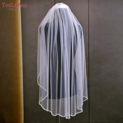 YouLaPan V175 R Fashion Bridal Beaded Veil Fingertips Long Crystal Pearl Trim Short Single Layer Veil Ivory Church Wedding Veil Good Vibrations
