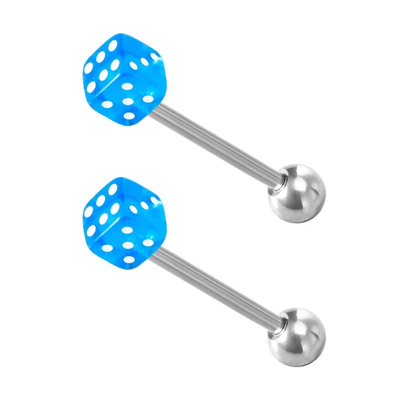 2pcs Good Luck Dice Tongue Ring Surgical Steel Tongue Piercing Barbell Colorful Labret Stud Bar for Women Men Body Jewelry 14G Good Vibrations
