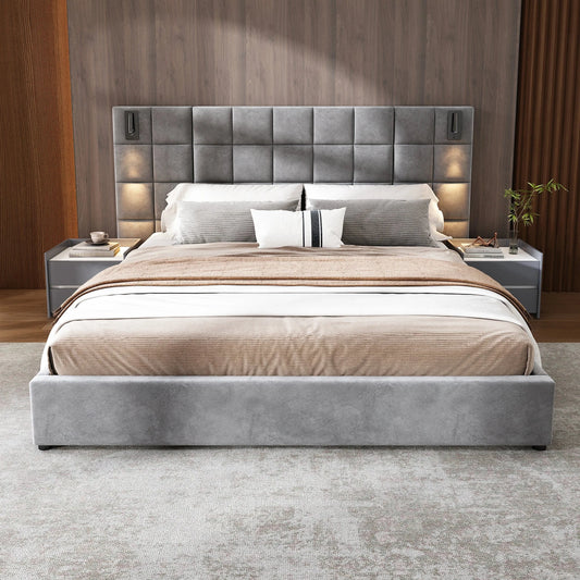 Modern King Bed with Reading Lamp & USB Port Upholstered Wide Headboard in Grey Smart Bed Design Good Vibrations