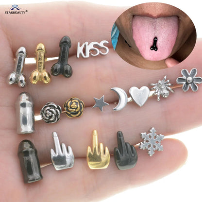 Sexy Genital Spider Moon KISS Rose Tongue Piercing Heart Balls Surgical Stainless Steel Tongue Rings Daisy Tounge Rings Jewelry Good Vibrations Adult Super Store