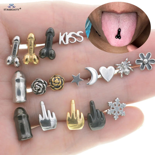 Sexy Genital Spider Moon KISS Rose Tongue Piercing Heart Balls Surgical Stainless Steel Tongue Rings Daisy Tounge Rings Jewelry Good Vibrations Adult Super Store