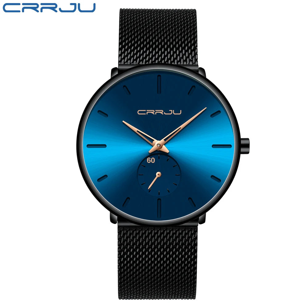CRRJU New Watches Mens 2019 Man Fashion Simple Stainless Steel Blue Thin Watch For Men Luxury Casual Waterproof Quartz Clock Good Vibrations