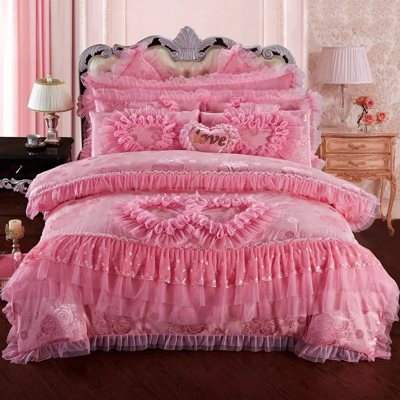 Luxury Wedding Bedding Sets Queen King Size Pink Princess Lace Bedcover Set Jacquard Duvet Cover Bed Sheet Pillowcases Good Vibrations