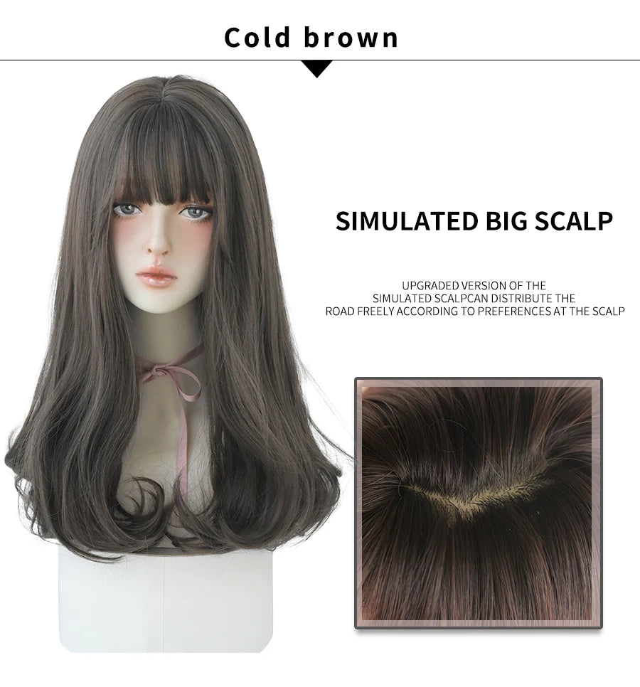 7JHHWIGS Long Wavy Synthetic Black Wigs For Women With Fringe Fashion Heat Resistant Mid-Length Daily Straight Light Brown Hair Good Vibrations