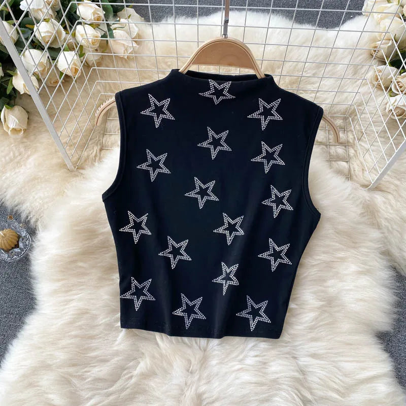 Summer Crop Top Vest Sexy Slit Diamond 2 Piece Two Piece Skirt Sets Women Outfits Good Vibrations